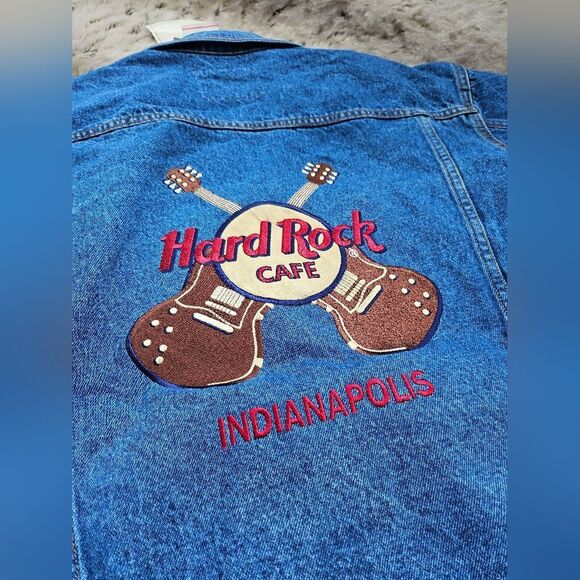 Hard Rock Cafe Guitars Denim Jacket Button Front Jean Embroidered M Unisex - Picture 1 of 13